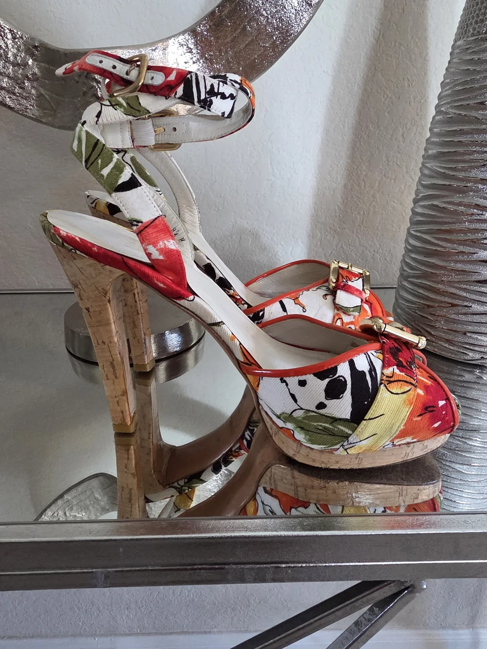 Stuart Weitzman Floral Multi-Color Cork Platform Ankle-Strap Heels - Picture 2 of 7